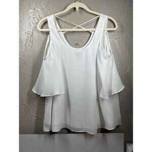Chelsea 28 Top Women's White Cold Shoulder Blouse‎ Scoop Neck Sheer Size Small
